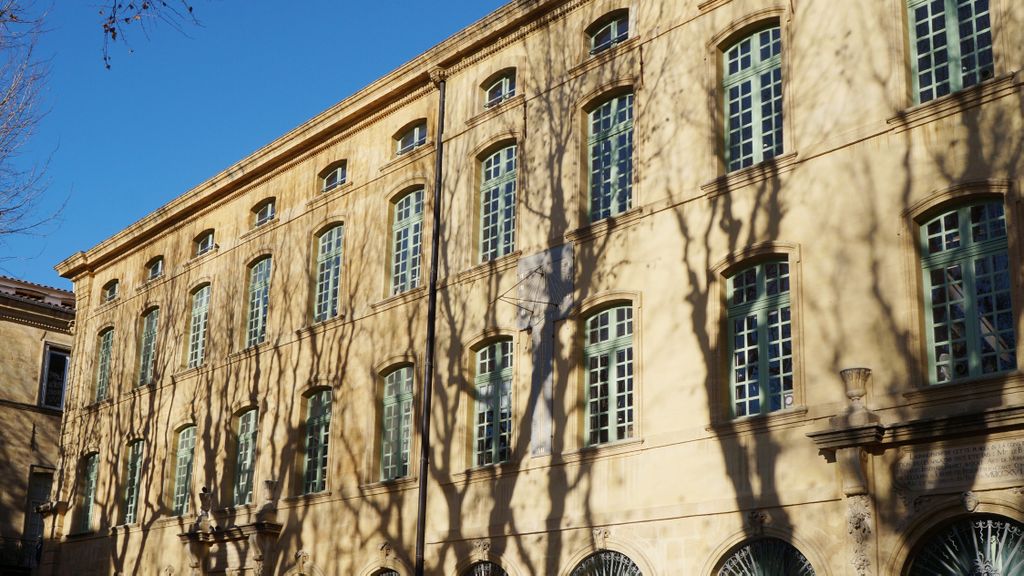 Shadows of bare trees at the market place in Aix-en-Provence, with a December sunshine