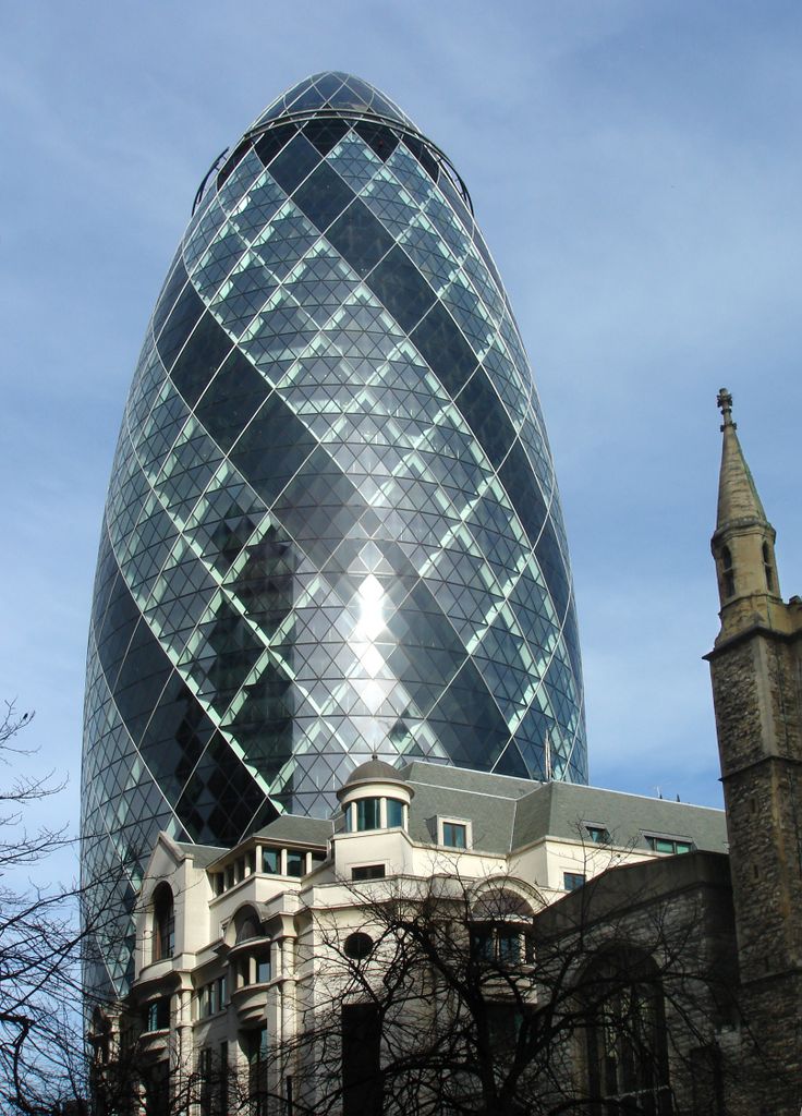 30 St Mary Axe, also known as Gherkin building; home to the offices of Swiss Re, in the City of London