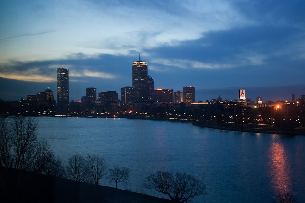 Boston at dawn, seen from the Cambridge side