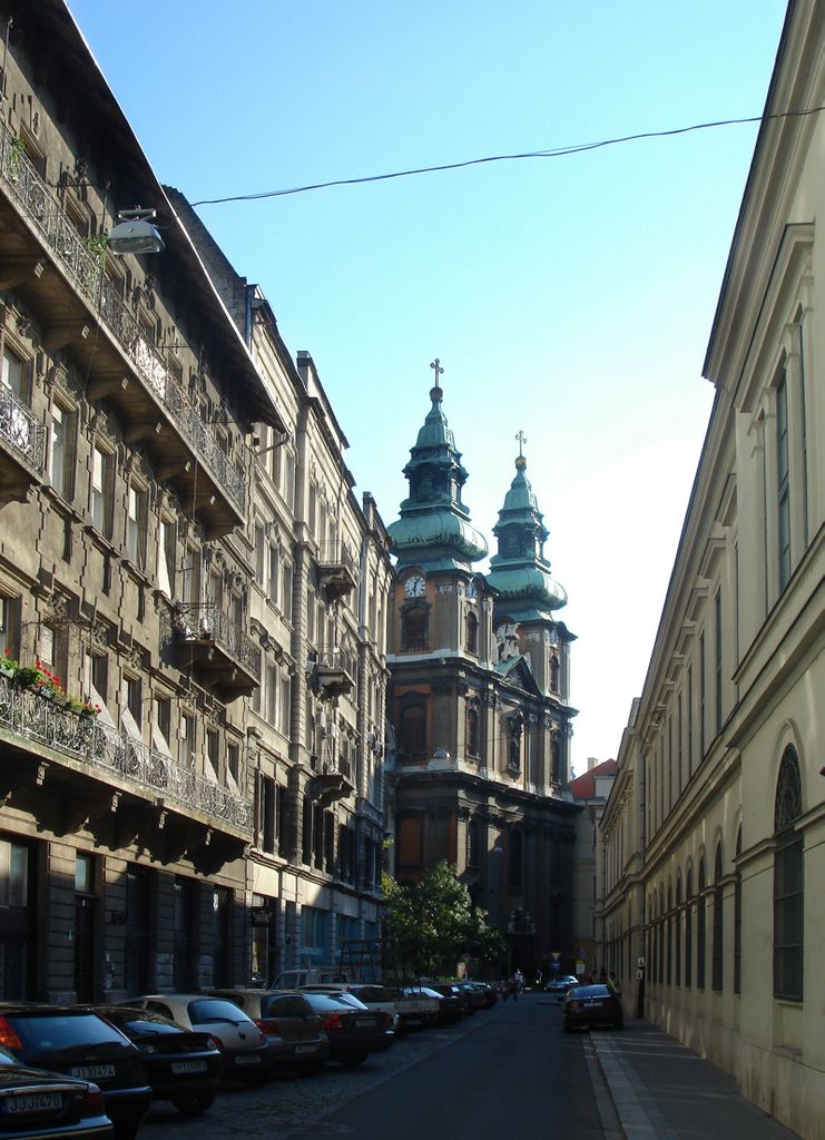 Budapest, Henszlmann utca in the centre of the town, with the University Church in the background