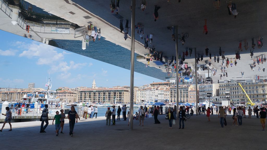 The renewed old harbour of Marseille...; the structure creating this illusion is a large mirror put up at around 10m above the ground