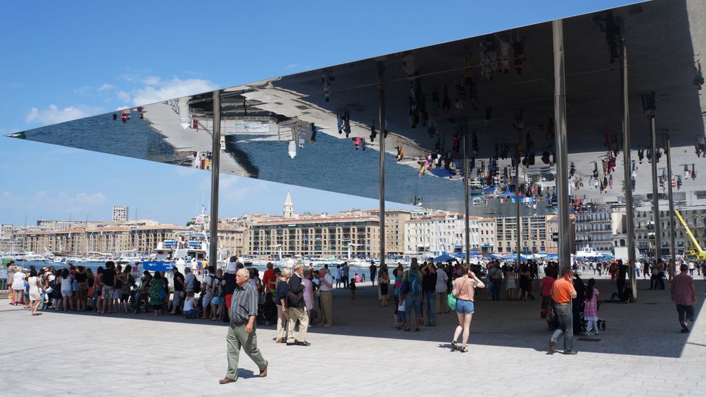 The renewed old harbour of Marseille...; the structure creating this illusion is a large mirror put up at around 10m above the ground