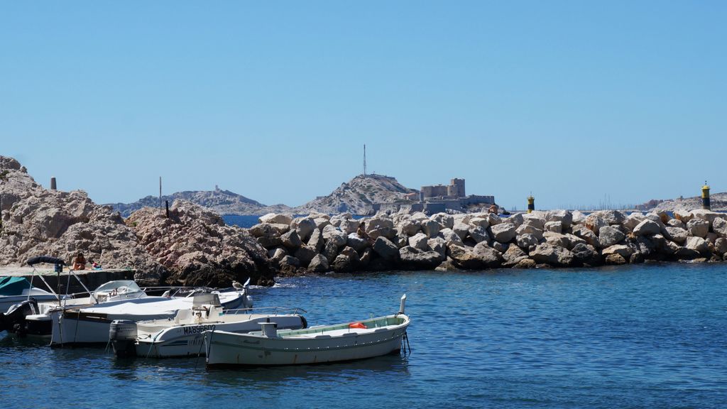 At the Vallons des Auffes, in Marseille, with the Chateau d'If in the background (if you read The Count of Monte Cristo…)
